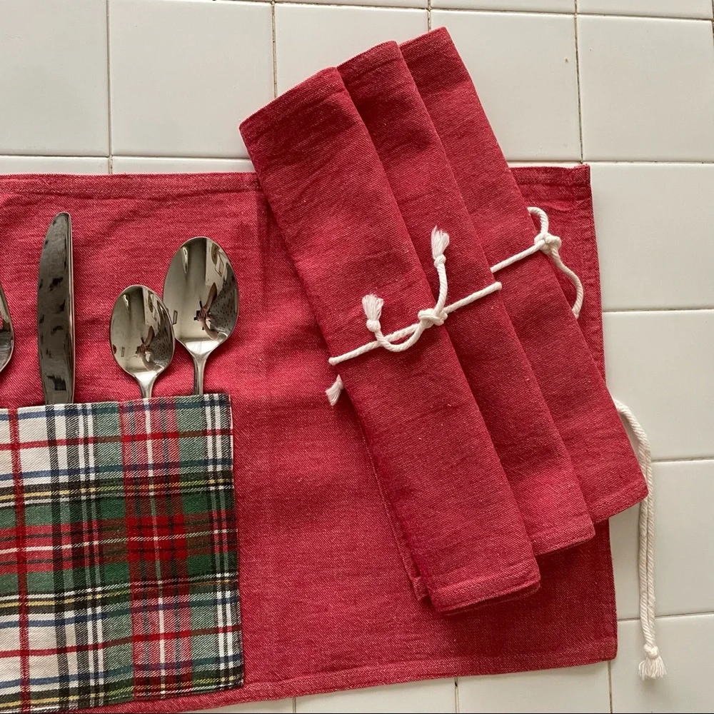 Handmade Holiday Place Mats Napkins Red with Plaid Flatware Pockets Set of 4